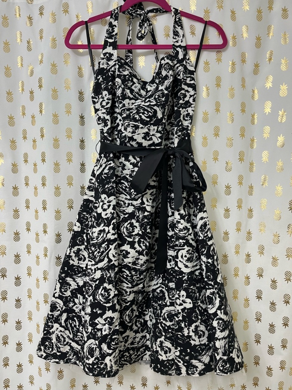 50’s Inspired Black & White Floral Halter Midi Dress with Tulle Accent